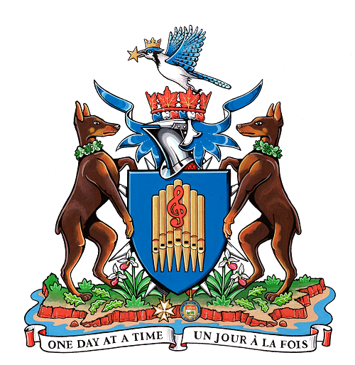 Her Honour Antoinette Perry's personal coat of arms. It shows the text 'One day at a time / Un jour à la fois'
